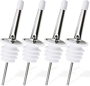 Trovety White Liquor Bottle Dispenser Spouts – Classic Speed Pours for Alcohol, Olive Oil and Shave Ice Syrup – Rustproof Stainless Steel with Tapered Pouring Funnels and Dust Caps (4 Pack)