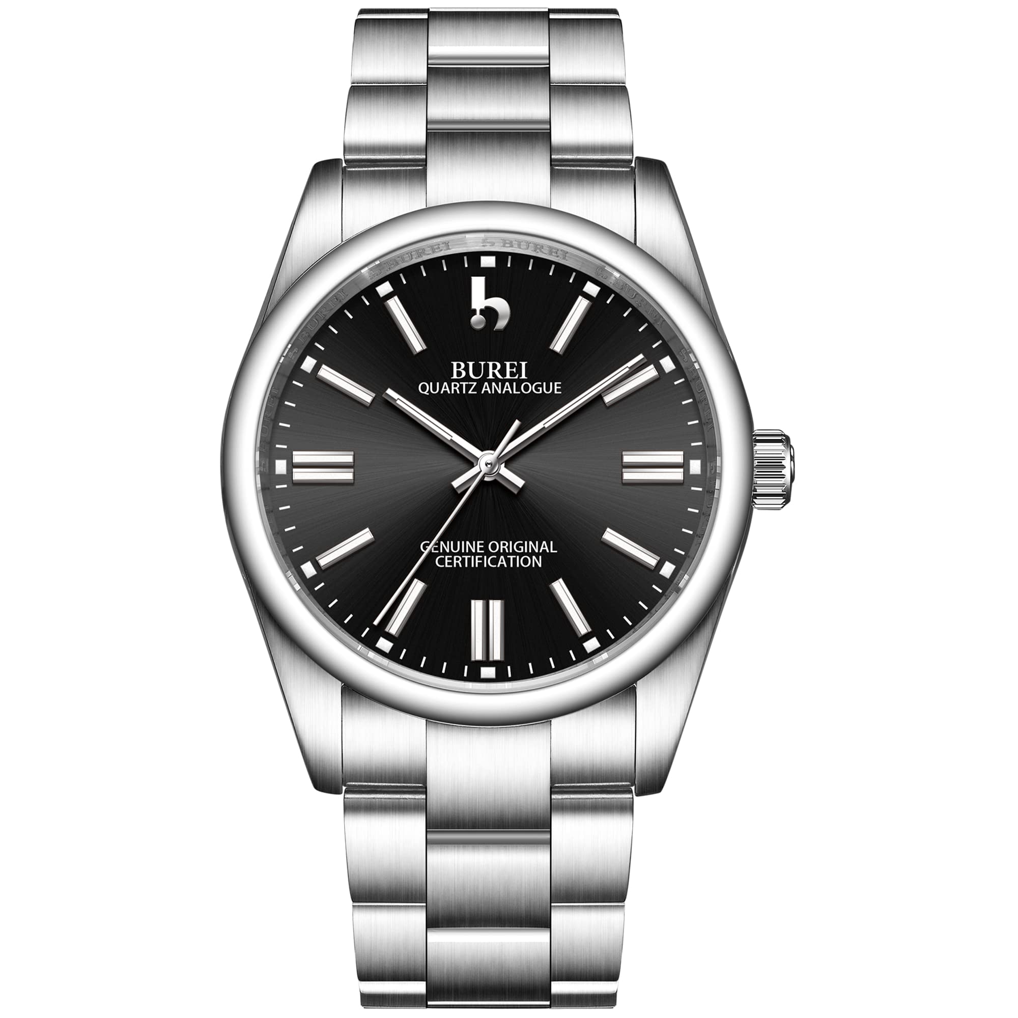 BUREI Men's Stainless Steel Fashion Watch Japan Movement Quartz Wristwatches for Men 42mm Luxury Classic Watch Black Silver Dial