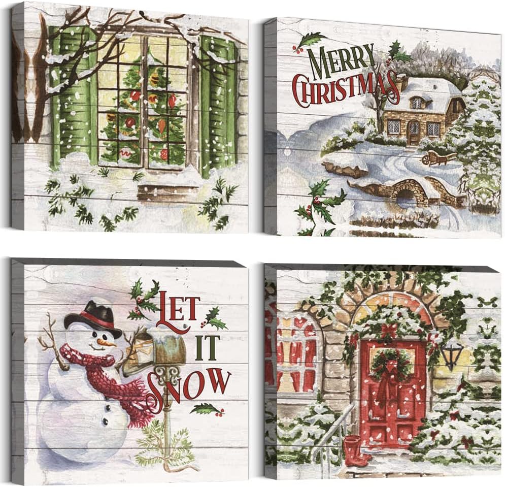 Wall Décor - Bontalc Framed Wall Art Merry Christmas Wall Decor Festival Snowy Scenery Red Cottage Cute Snowman Canvas Prints for Living Room Bathroom Home 4 Panels 12x12 Inches