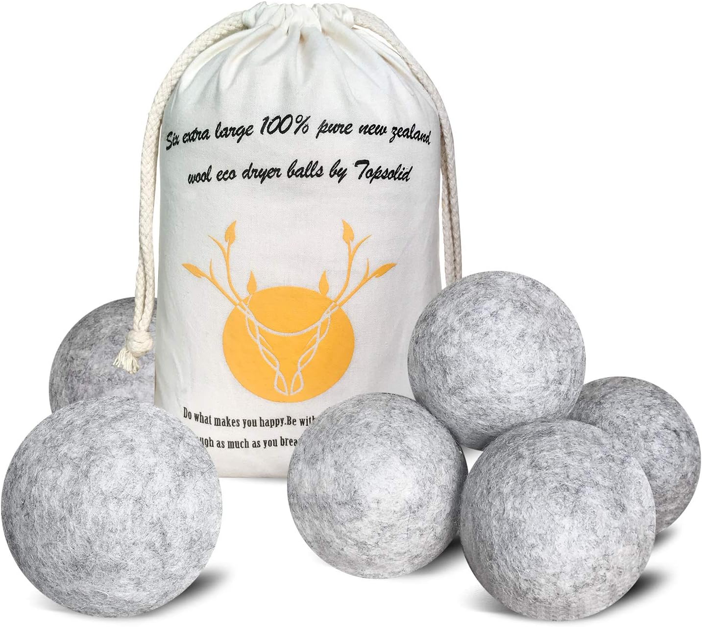 Wool Dryer Balls 6 Pack, XL Reusable Natural Fabric Softener, 100% Organic Premium New Zealand Wool for Laundry, Chemical Free, Reduces Wrinkles and Saves Drying Time, Baby Safe, Anti Static, Gray