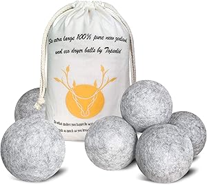 Wool Dryer Balls 6 Pack, XL Reusable Natural Fabric Softener, 100% Organic Premium New Zealand Wool for Laundry, Chemical Free, Reduces Wrinkles and Saves Drying Time, Baby Safe, Anti Static, Gray