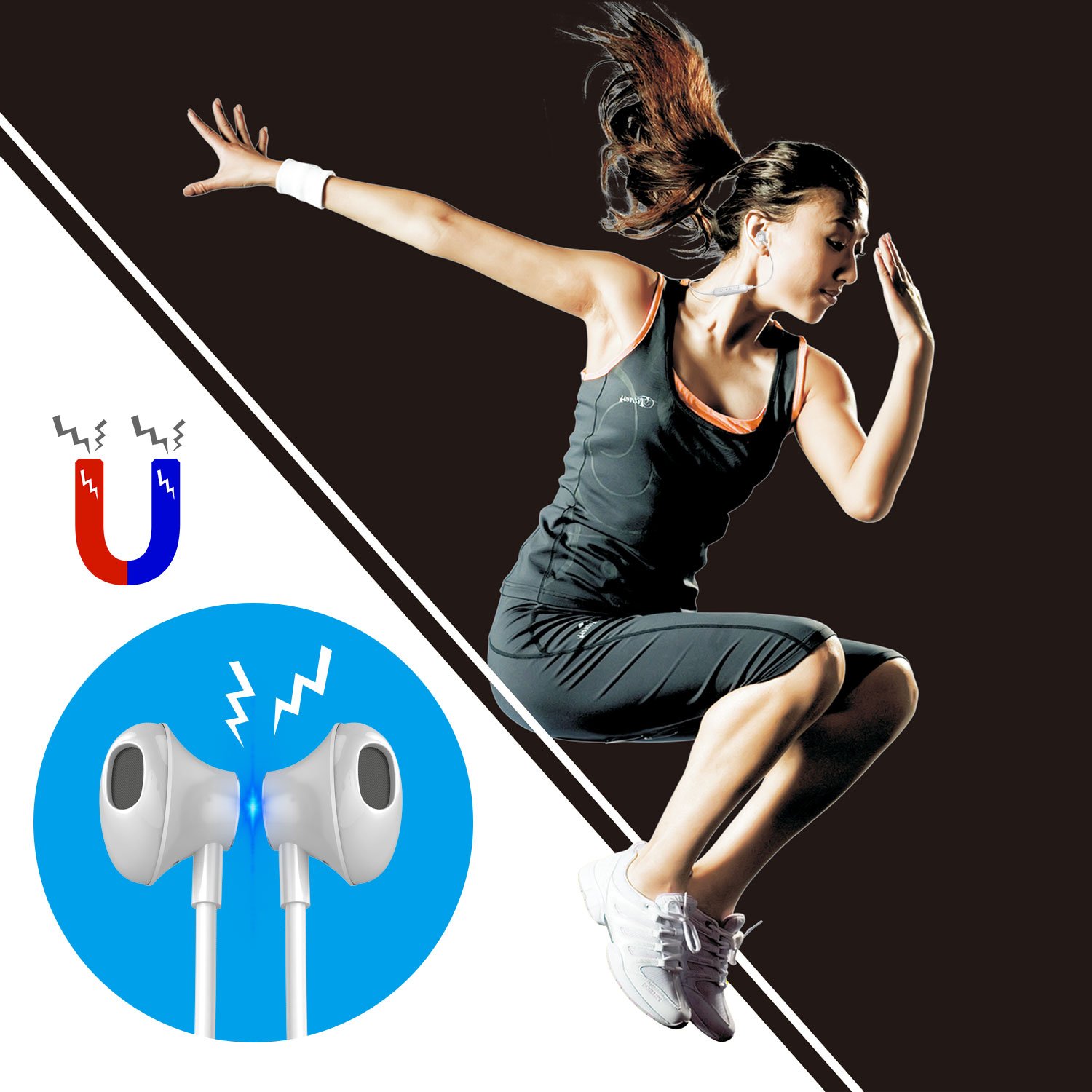Bluetooth Headphones Wireless, Earphones Stereo Magnetic Earbuds, Sweatproof Mobile Headsets, Secure Fit, Noise Cancelling Mic, Clear Voice Capture & 5 Hrs Playtime for Gaming, Sports (White W2)