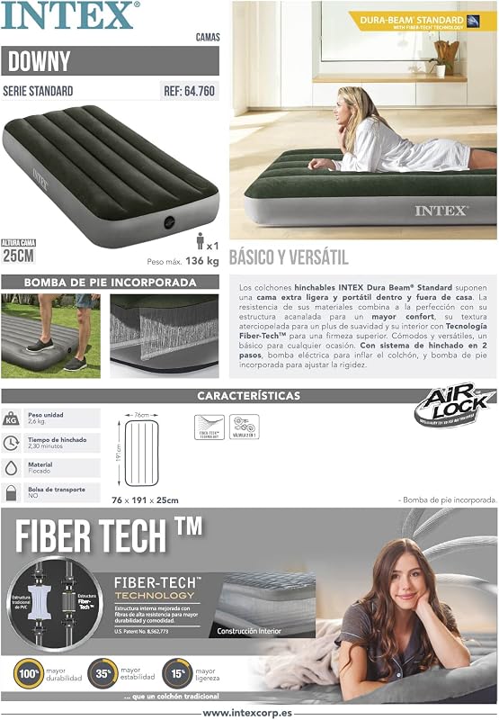 64761 - Colchón Hinchable 1 Plaza con Bomba de pie Fiber-Tech Downy, Medidas 76 x 191 x 25 cm
