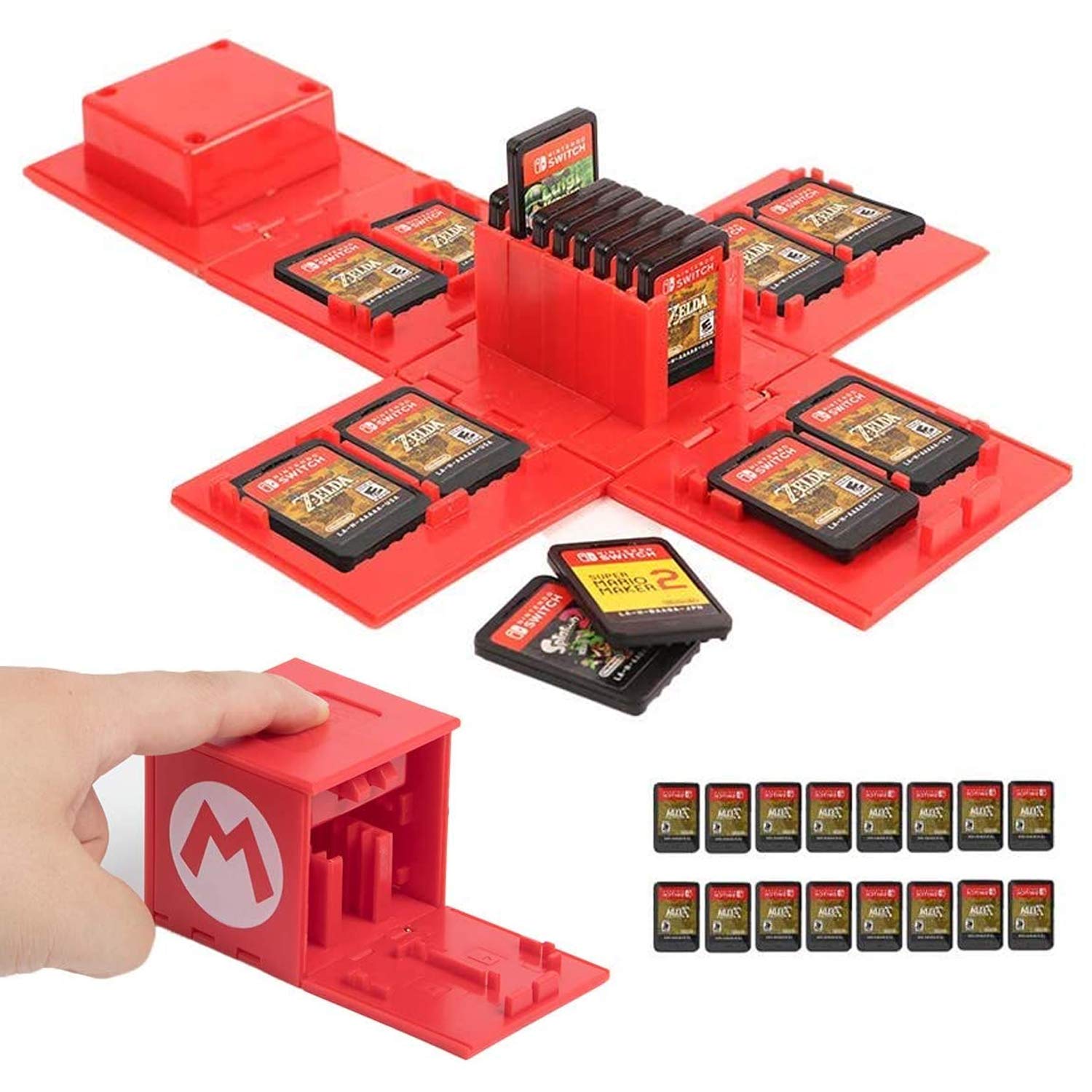 doepeBAE Games Storage Case - Nintendo Switch Compatible, Hard Shell Protective Storage System with 16 Game Card Slots (Mario RED)