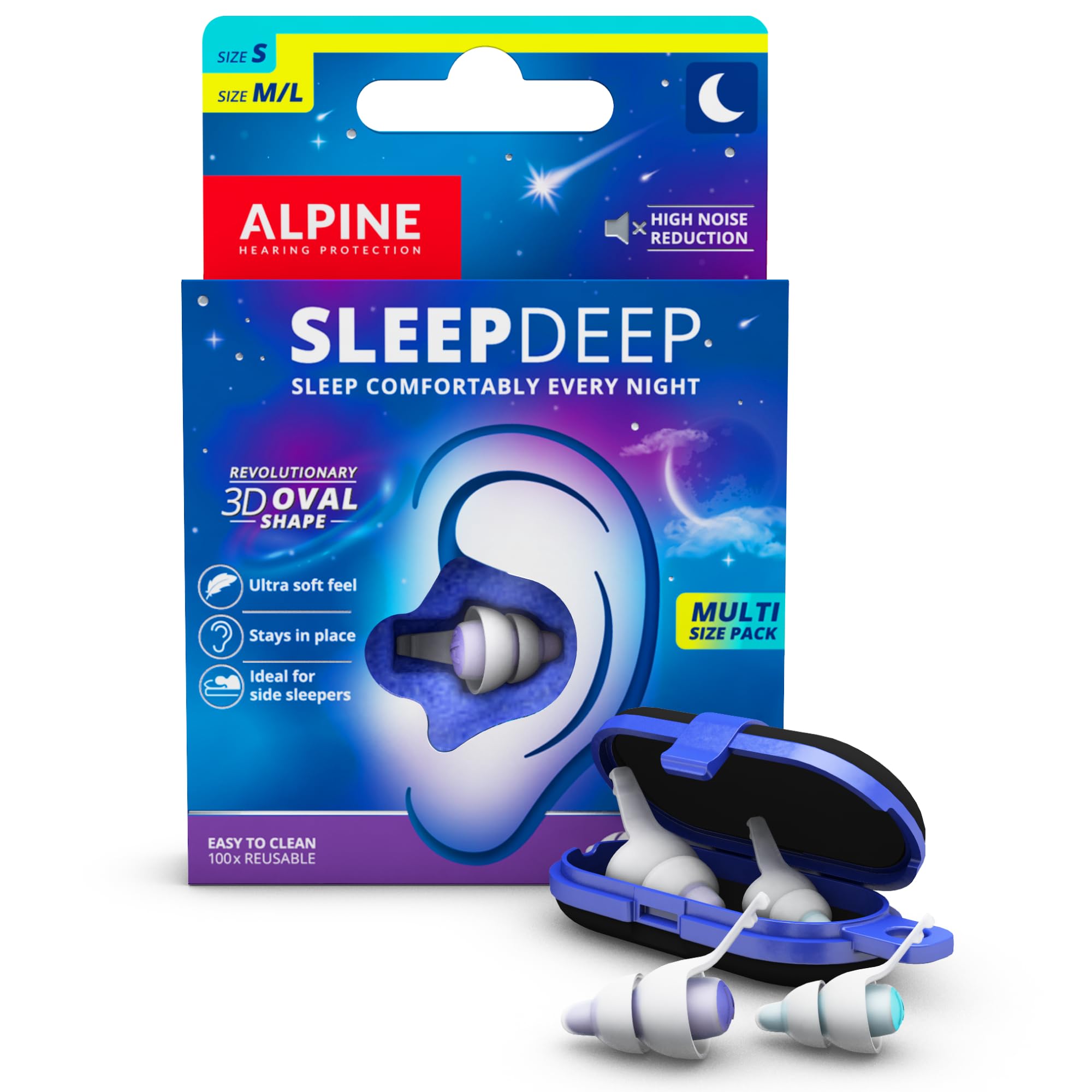 Alpine SleepDeep - Ohrstöpsel zum Schlafen und für Konzentration - 27dB - Neue 3D-Ovalform Ohrenstöpsel und weicher, geräuschdämpfender Kern für maximalen Komfort und Dämpfung - Größe S+M/L