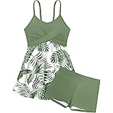 Girls Swimsuits Criss Cross Tropical Print Mesh Dress Bathing Suits with Shorts 2 Piece Tankini for Teens