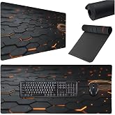 Black Orange XL Gaming Mouse Pad, 35.4 x 15.7 Inch Extended Desk Mat | Black hexagon graphics and orange accents sharpen your gaming setup, with stitched edges and a non-slip rubber base