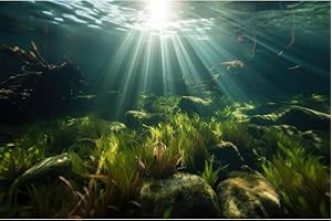 OHIOCATII Underwater Aquarium Background Under The Sea Aquatic Grass with Sunbeams Terrarium Background Underwater Rocks with Moss Fish Tank Background Tranquil Natural Underwater Seascape Backdrop 72x24in