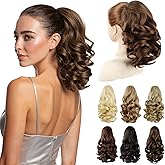 ShulaSHOP Brown Ponytail Extension,12" Short Curly Wavy Claw Clip in Ponytails Hair Extensions Natural Soft Synthetic Hairpiece for Women