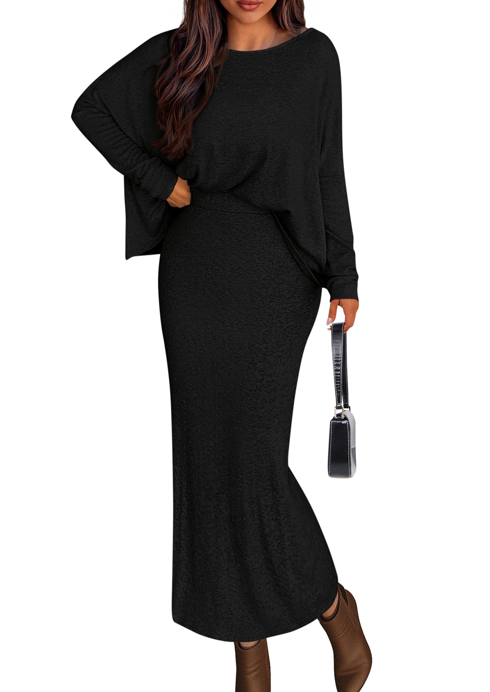 Photo 1 of ** NO CARDIGAIN**
PRETTYGARDEN Women's Fall 2025 Two Piece Matching Skirt Sets Long Sleeve Tops Maxi Long Slit Bodycon Skirts Vacation Outfits (Black,XX-Large)