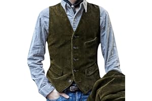Mens Vintage Corduroy Suit Vest, Slim Fit Sleeveless Single Breasted V Neck Casual Waistcoat Men's Suede Leather Vest