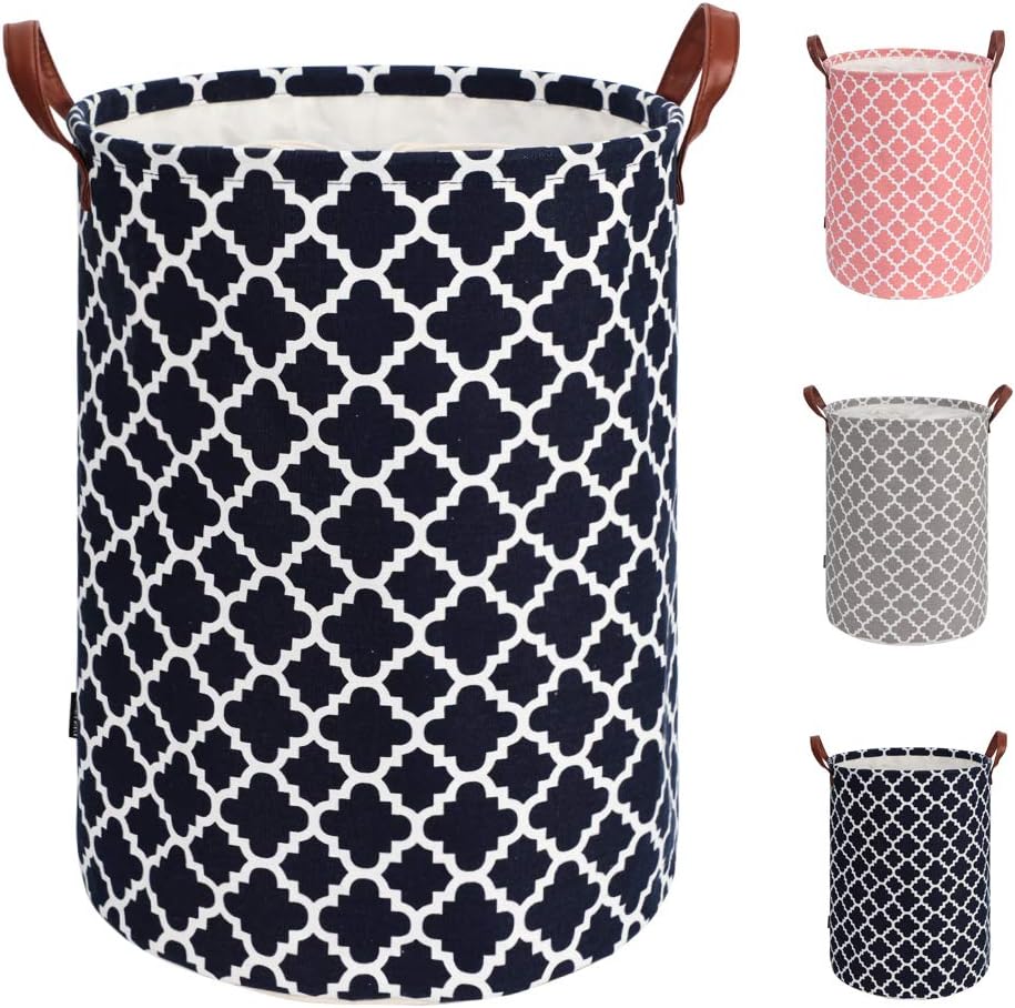 TOTANKI 48L Thickened Large Sized Laundry Basket with Durable Leather Handle, Drawstring Round Cotton Linen Collapsible Storage Basket,Dirty Clothes Hamper for Bedroom (Dark Blue, L)