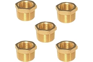 YOUHO 1/2 to 3/8 reducer Brass Threaded Pipe Fitting 1/2 Inch NPT Male x 3/8 Inch NPT Female Hex Bushing Adapter (Pack of5)