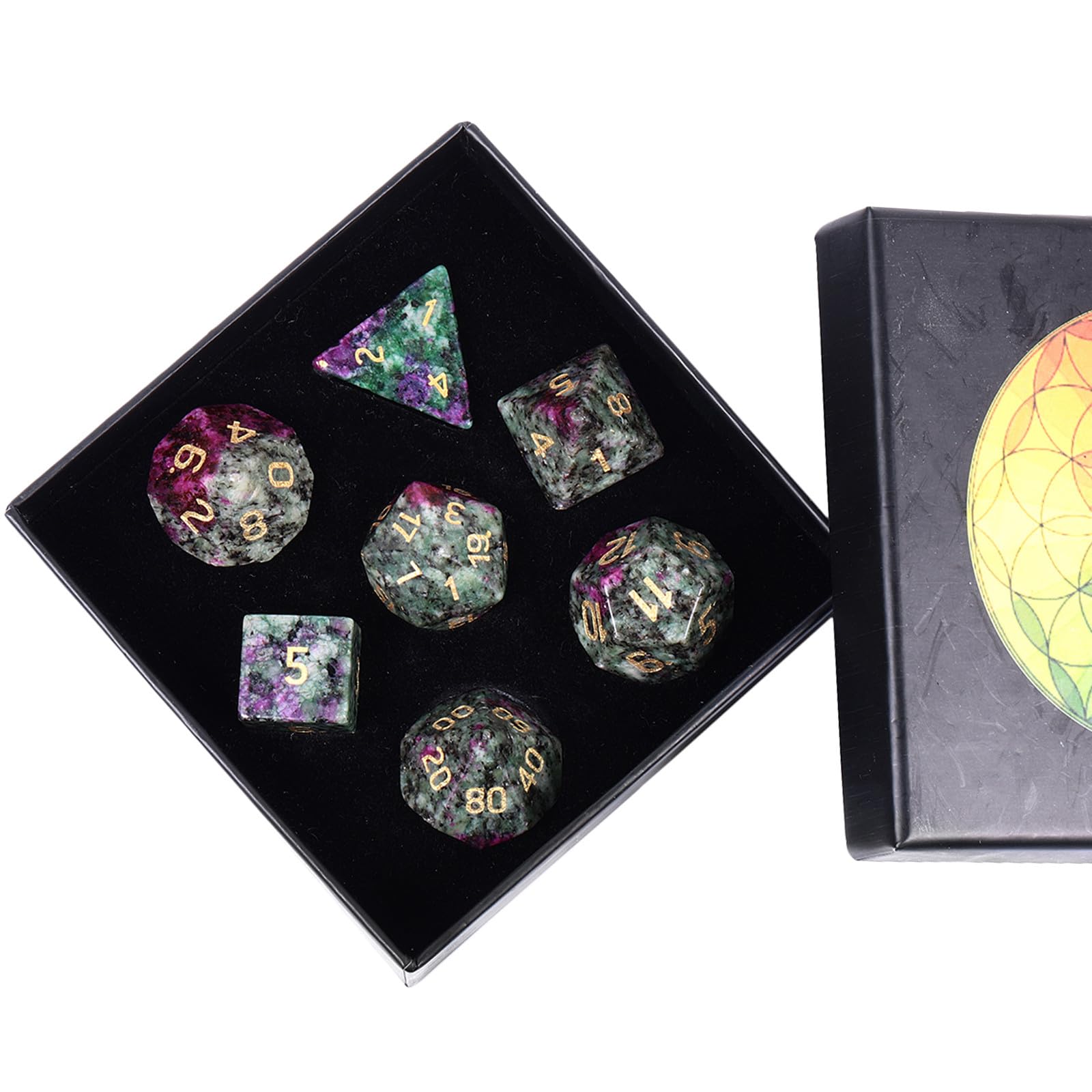 Nupuyai 7pcs Ruby in Fuchsite Crystal Polyhedral DND Dice Set for RPG MTG Table Games, Polished Tumbled Stones Dices with Box for Home Decor