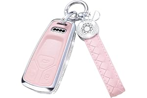 RUABIBAN Compatible with Audi Key Fob Cover with Keychain, Pink Genuine Leather Crystal Key Case Protection Shell for A4 Q7 Q5 TT A3 A6 SQ5 R8 S5 Smart Key
