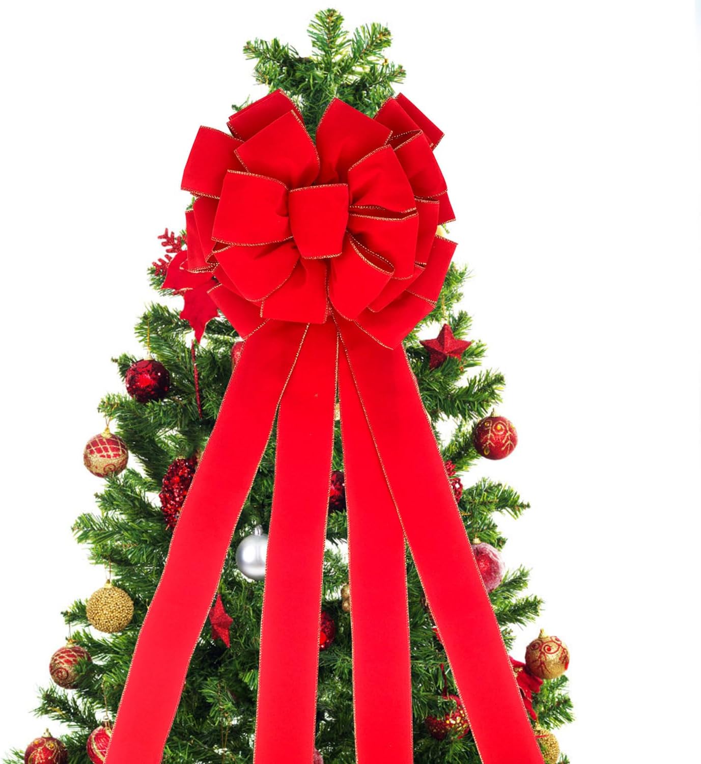 Bows & Ribbons - Christmas Large Bows, 45x12 Inches Gold Wired Red Velvet Bows with Long Tails for Wreath Floral, Christmas Tree Topper, Outside Bowknot for Wedding Birthday, Red Bow for Car Garden Yard Front Door