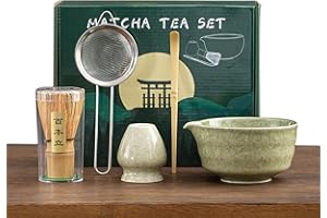 Matcha Whisk Set, Japanese Tea Set Includes Ceramic Matcha Bowl with Spout,Whisk Holder, Bamboo Whisk，Scoop,Stainless Steel S