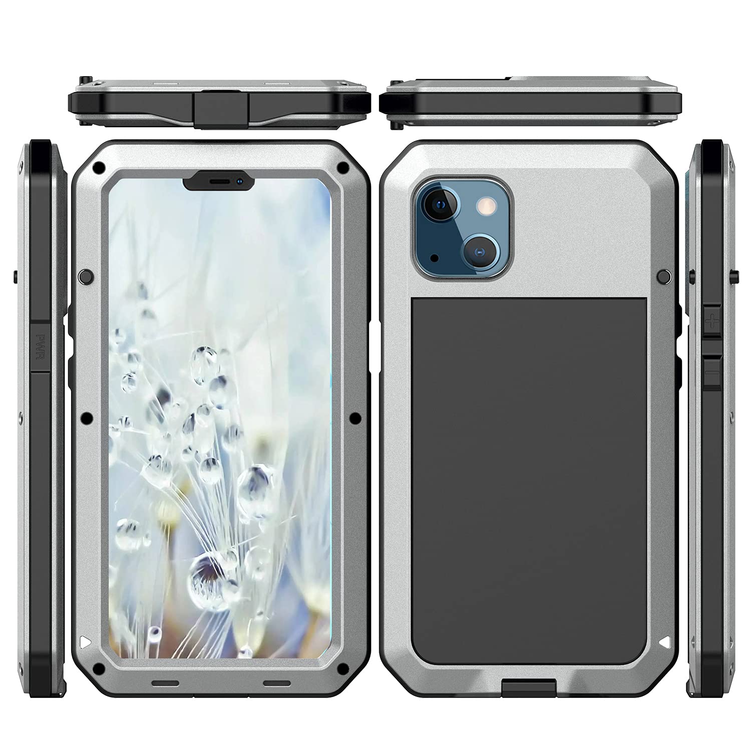 Marrkey for iPhone 13 Case, 360 Full Body Protective Cover Heavy Duty Shockproof Tough Armour Aluminum Metal Case with Silicone Built-in Screen Protector for Apple iPhone 13 6.1 Inch - Silver