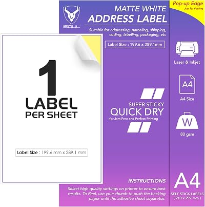 iSOUL 50 Sheets A4 Matte Label Paper 80gsm Printable Self Adhesive