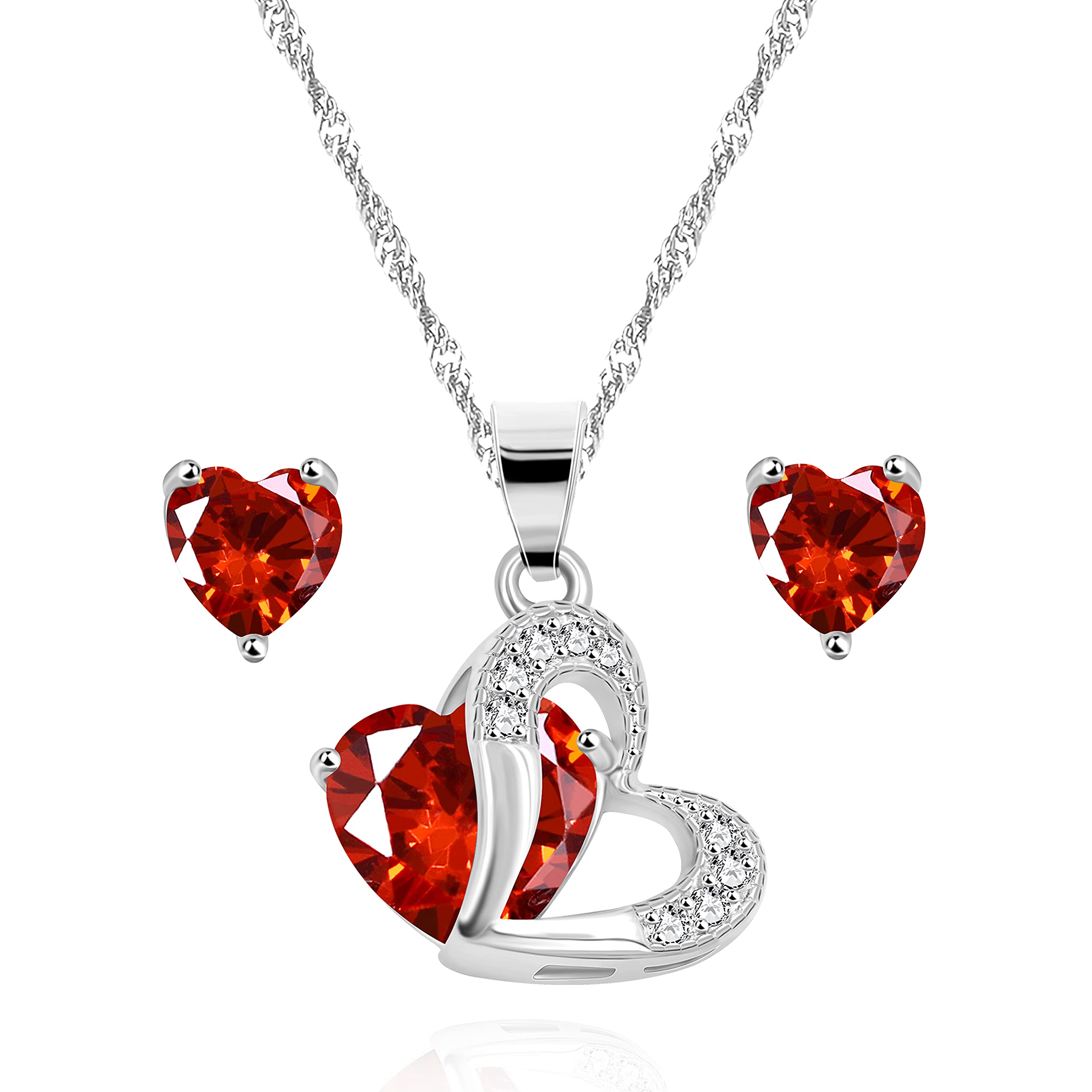 Uloveido Platinum Plated Red Heart CZ Crystal Heart Pendant Necklace and Stud Earrings Set for Women Y1178 (red) — image 1