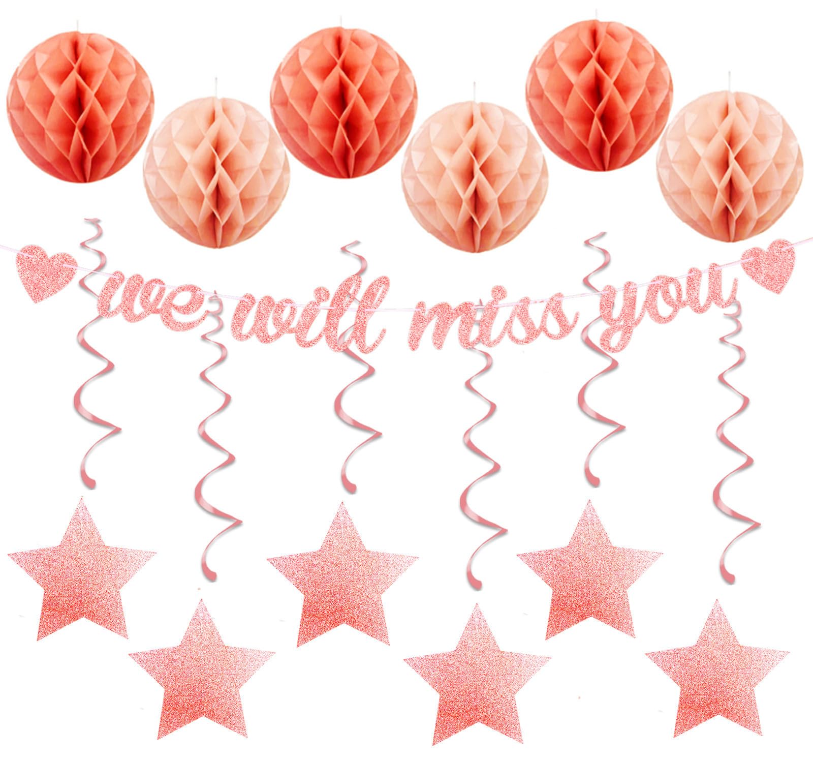 bng-bng We Will Miss You Banner Leaving Party Decorations with Ceiling Hanging Swirls Streamers Honeycombs for Retirement Graduation Going Away Farewell Good Luck Party Decorations Rose Gold