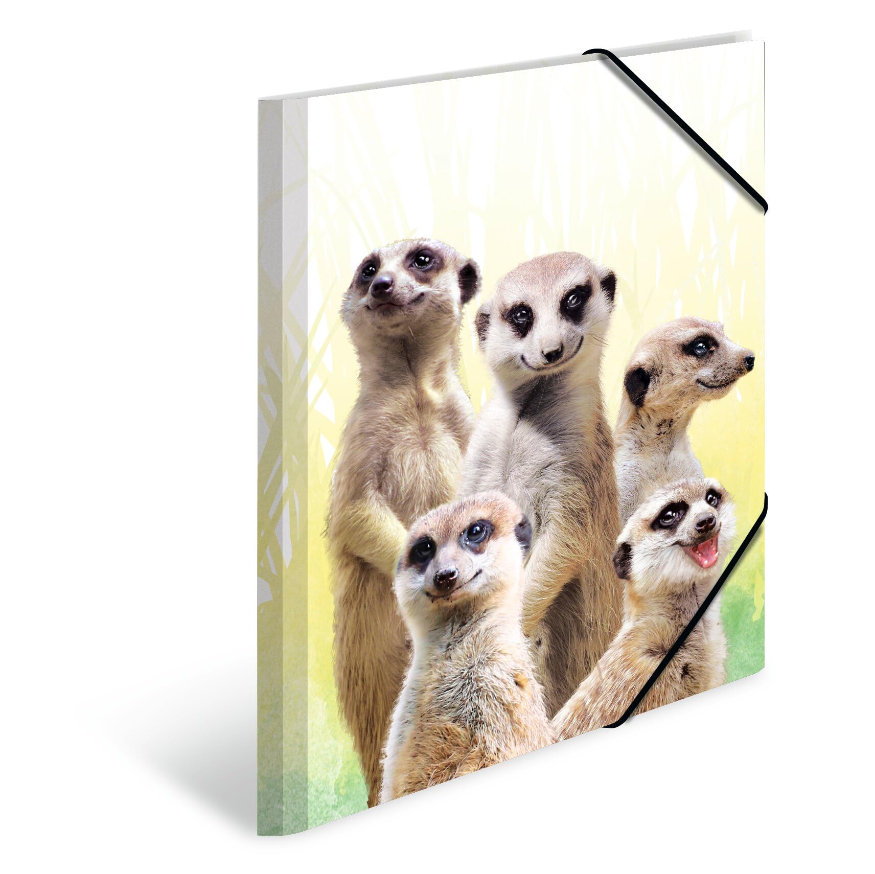 HERMA Portfolio Folder A3 Meerkat, Children's Corner Folder Made of Plastic with Animal Motif, Elastic Band, Inner Flaps and Inner Print for Boys and Girls