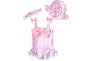 Renotemy Baby Girl Swimsuit Infant Bathing Suit Swimwear Sleeveless Bikini Tankini Toddler Girl One-Piece Swimsuit with Hat