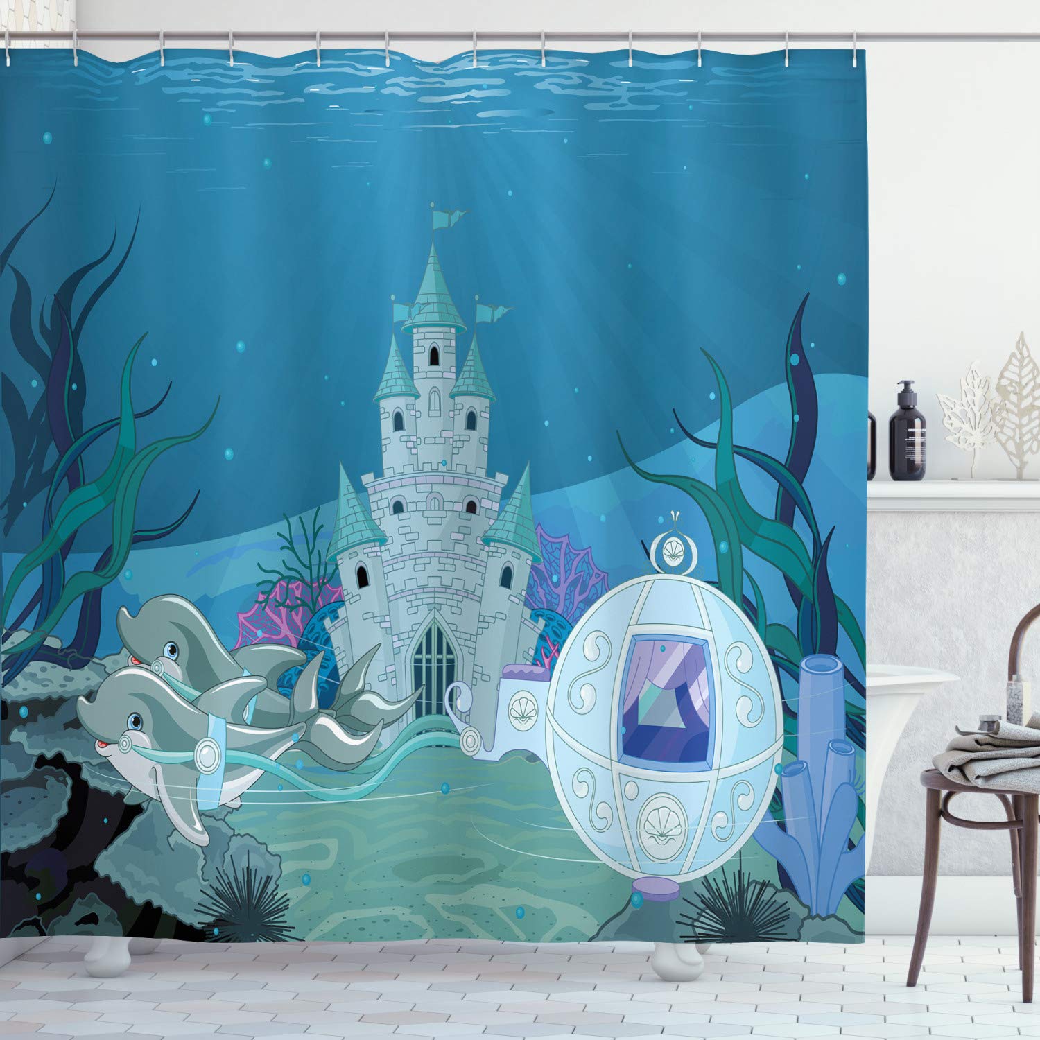 ABAKUHAUS Ocean Shower Curtain, Mermaid Castle with Dolphins Moss Fish Sun Beams Art Print, Cloth Fabric Bathroom Decor Set with Hooks, 78" Inches, Turquoise Pale Blue Teal