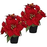 MATBAR Poinsettias Flowers Artificial 2 Pack Red Faux Christmas Poinsettia Plant Small 11 Inch Winter Flowers for Home Office Table Decorations Indoor Xmas Ornament