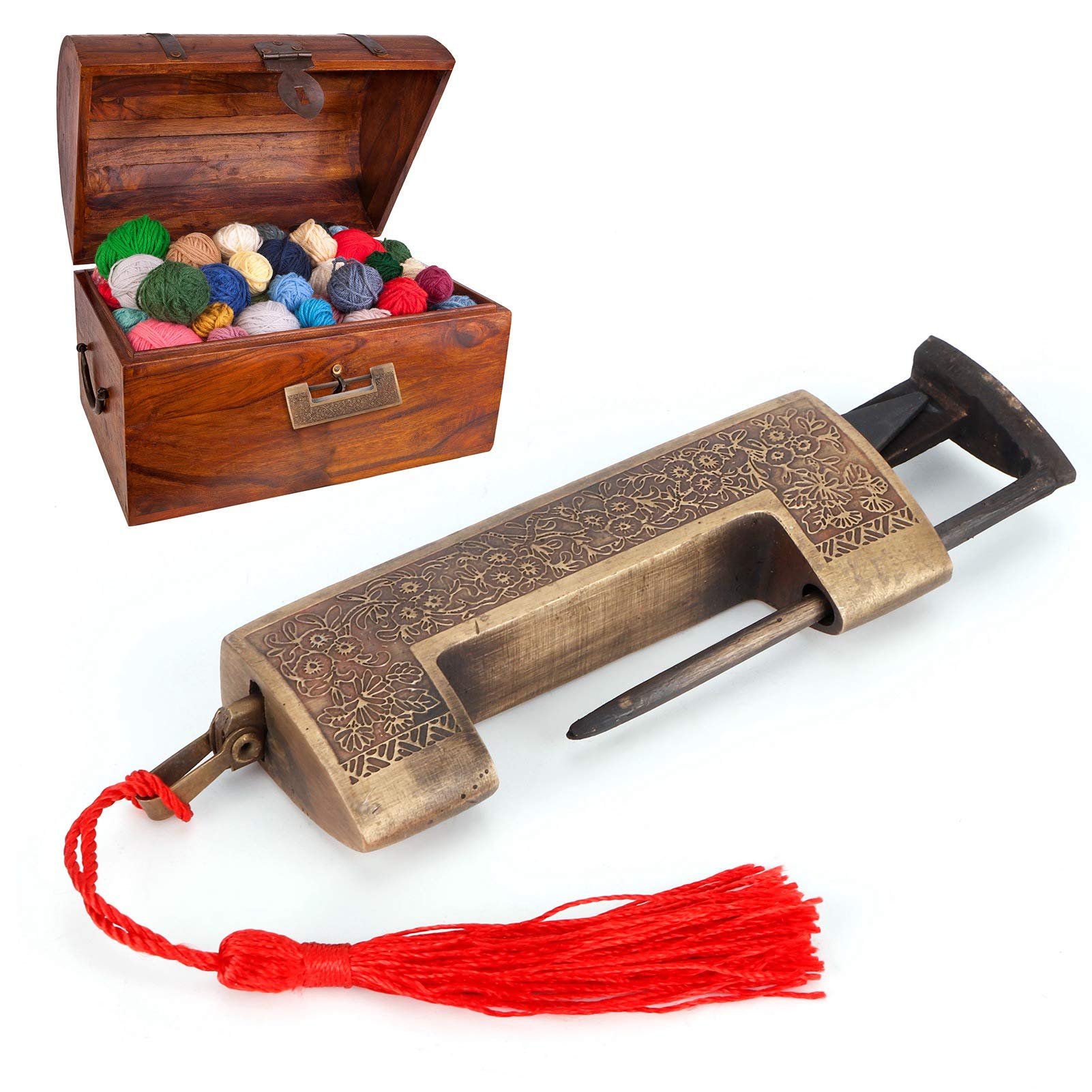 Vintage Old Chinese Lock and Key, Antique Padlock Flower Carved Latch Lock Copper Decorative Lock for Cabinet Jewelry Box Drawer Suitcase, 3.5inch