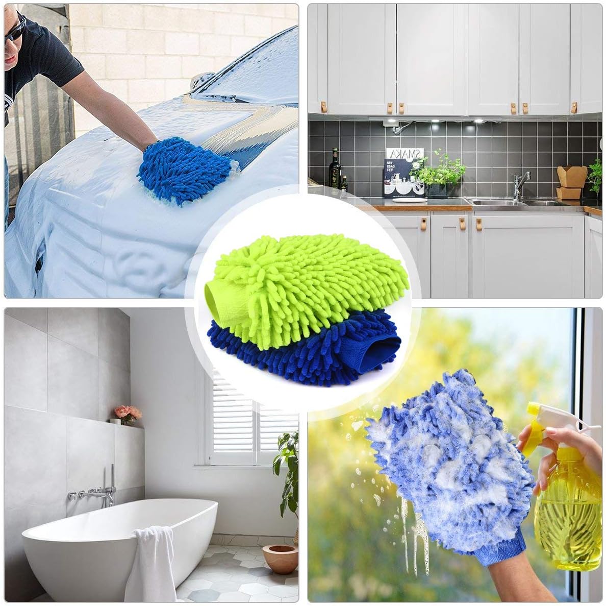 Car Wash Mitt 2 Pack - 12 X 9 Inch Extra Large Size Clean Tools Kits- Premium Chenille Microfiber Winter Waterproof Cleaning Mitts - Washing Glove with Lint Free & Scratch Free: Automotive