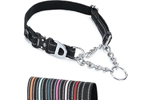 JIPIMON Martingale Collar for Dogs, Reflective Stainless Steel Chain Safety Adjustable Martingale Collar for Small Medium Large Dogs (Large, Black)