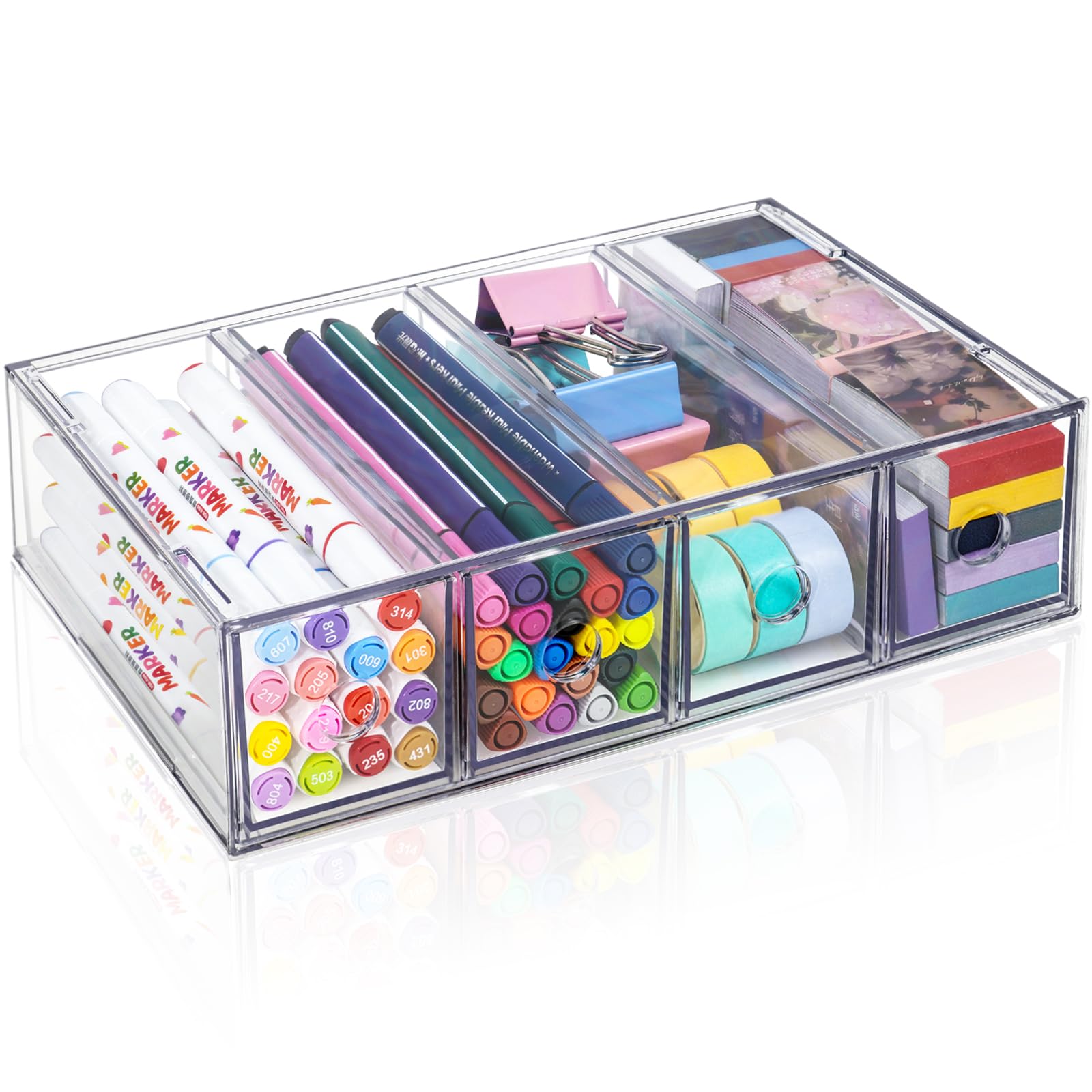 Desk Organizer with 4 Drawers, ToyaJeco Stackable Desktop Storage Box with Removable Drawer, Clear Sunglasses Organizer Display Case for Stationery Marker Pens Eyeglasses Office Supply