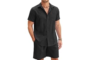 COOFANDY Men Linen Sets Outfits 2 Piece Short Sleeve Cuban Shirts Guayabera Linen Suit