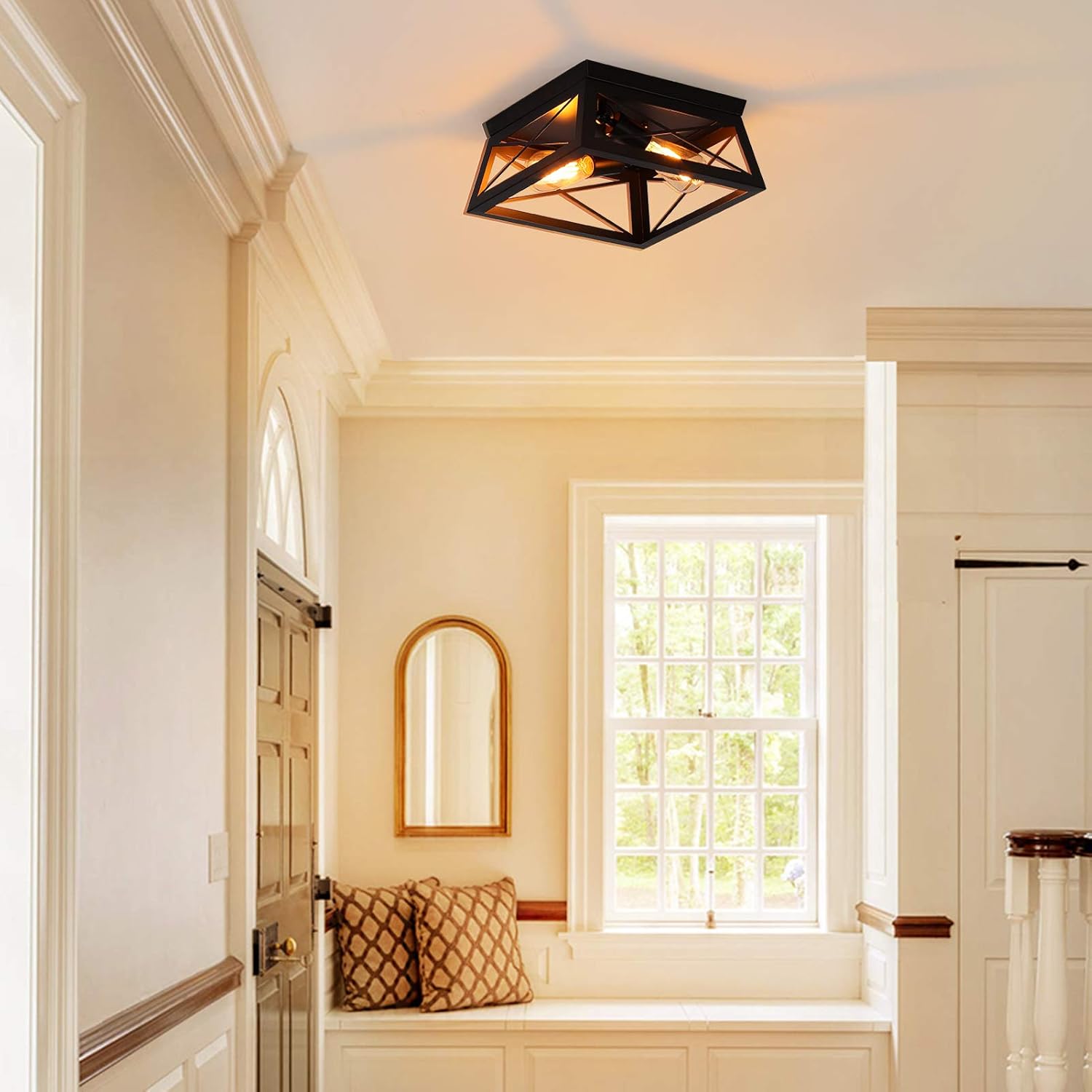 Industrial Farmhouse Ceiling Light Fixture Square Hallway Flush Mount Ceiling Lights for Kitchen Laundry Room 2-Lights, Black - - 