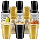 GGOLDMER 100 Pack 16 oz Plastic Cups for Party, Black and Gold Disposable Party Cups for Halloween Graduation Wedding Birthday Gatherings Wine Beer Beverage