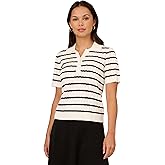 Adrianna Papell Womens Pointelle Short Sleeve Polo Striped V-Placket Sweater