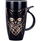 WHJY 20oz Large Black Cute Cat Ceramic Coffee Mug Cup with Splash-proof Lid, Cat Tail Shape Handle, Animal Cat Mug Tumbler (black)