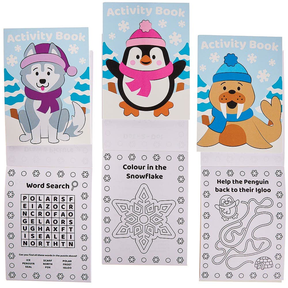 Baker Ross FX361 Winter Mini Activity Books - Pack of 12, Entertaining Travel Activities, Xmas Party Favours, and Colouring Books for Children, Winter
