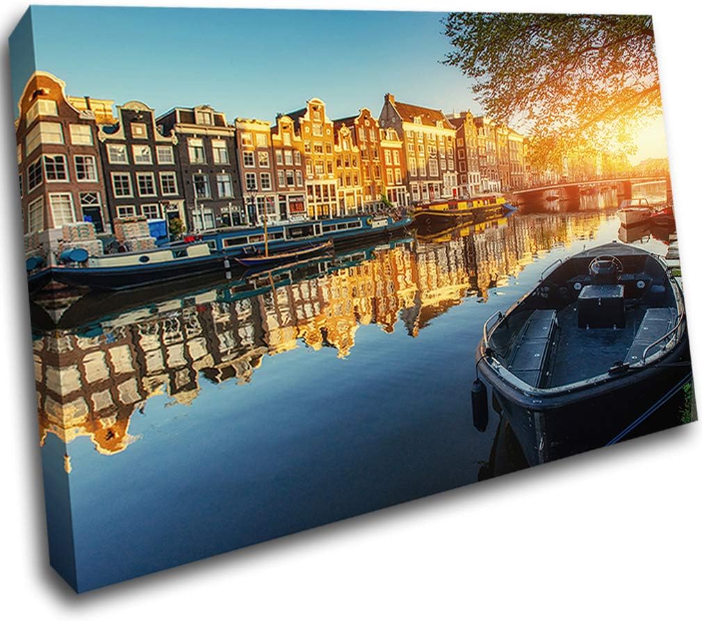LoveSticker River Boats Amsterdam Sunrise Mounted Wall Frame 3D Art Canvas Mount Room H503(24x36inch (60x90cm))