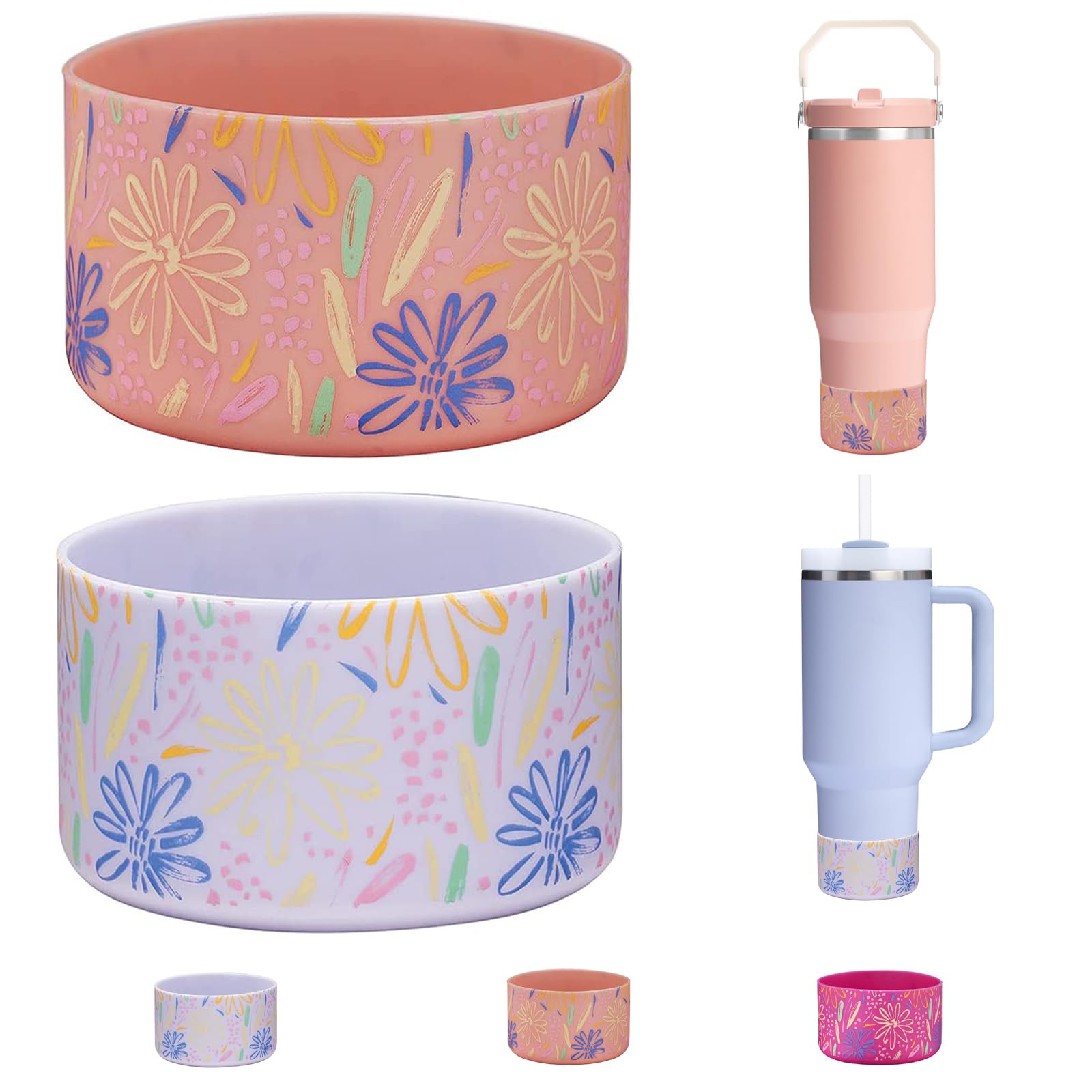 WK IEASON 2 Pcs Tumbler Bottom Protector Boot for Stanley Quencher Adventure 40oz & Stanley IceFlow 20oz 30oz and Compatible with Hydro Flask Water Bottle 12oz 21oz 24oz(Fresh Pink/Fog Flower) — image 1