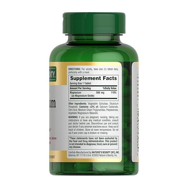 NATURE’S BOUNTY MAGNESIUM 500 MG TABLETS, HIGH POTENCY MAGNESIUM SUPPLEMENT FOR BONE & MUSCLE HEALTH, WHOLE BODY SUPPORT, 200 COUNT (PACK OF 1)