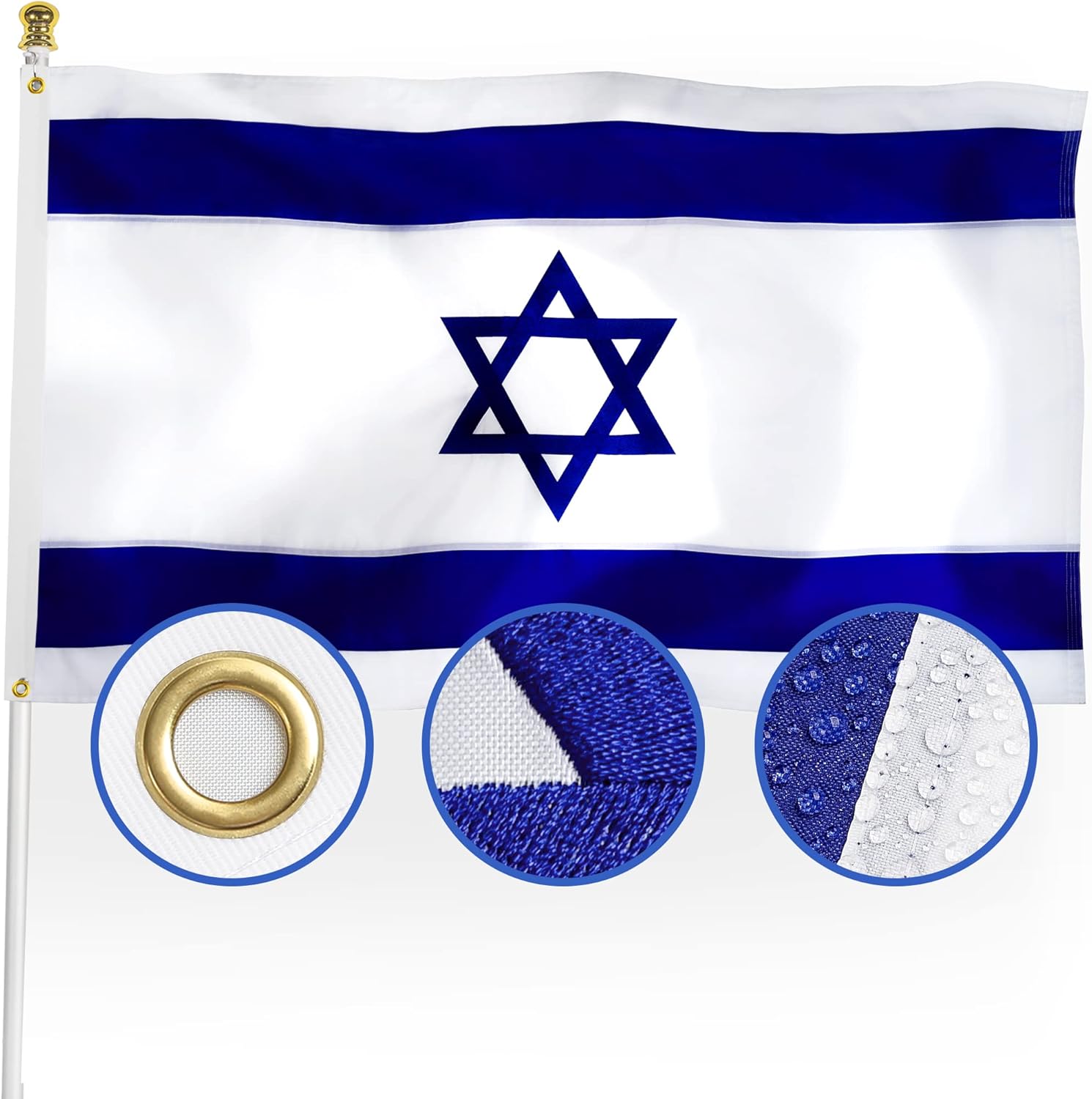 Flags - XIFAN Premium Embroidered Israel Israeli Flag 3x5 Outdoor, Double Sided Heavy Duty 210D Nylon Israeli National Country Flags, Longest Lasting with Sewn Stripes/4 Stitch Hemming/Brass Grommets
