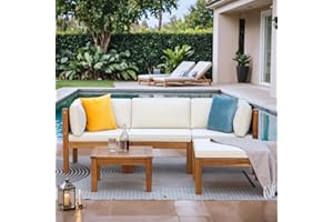 Greesum 5 Pieces Small Patio Sofa, Acacia Wood Outdoor Conversation Sets with Tea Table for Garden Porch and Backyard, Beige