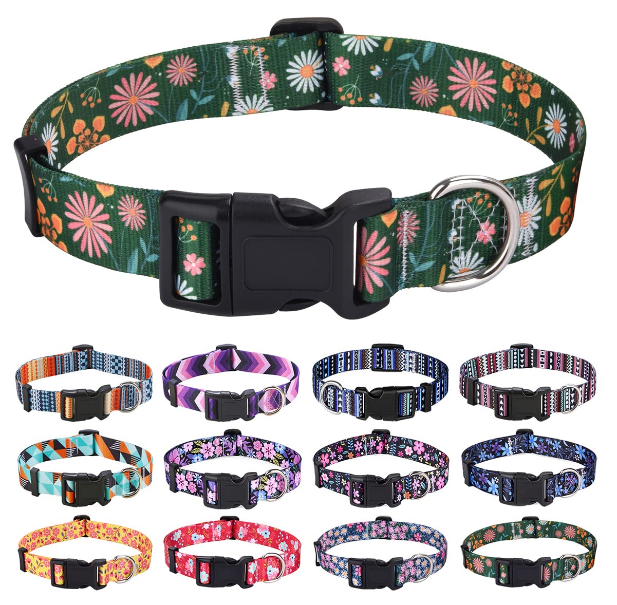 Mihqy Dog Collar for Largel Dogs, Cute Small Medium Large Dog Pet Collar, with Floral Patterns, Soft Adjustable for Boy Girl Female Male Puppy Dog Collar(Dark Green Flower,L)