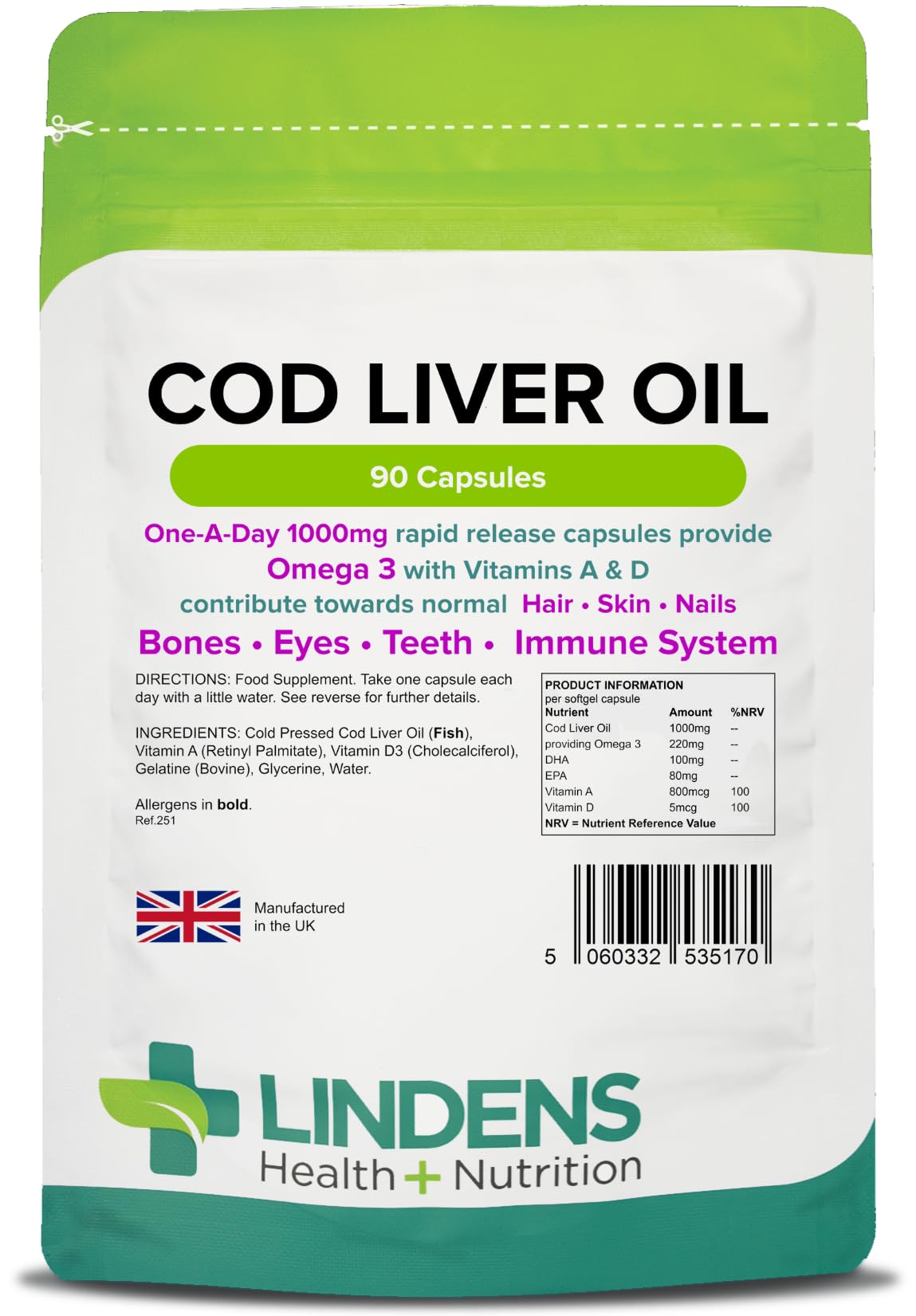 Lindens - Cod Liver Oil 1000mg - 90 Capsules - UK Made - Omega 3 with Vitamins A & D - for Normal Skin, Hair, Nails, Bones & Vision, Brain & Immune Function - Letterbox Friendly