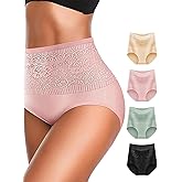 FancyTwig Women's Lace Trim High Waisted Cotton Underwear Full Coverage Ladies Panties Tummy Control Briefs 4 Pack