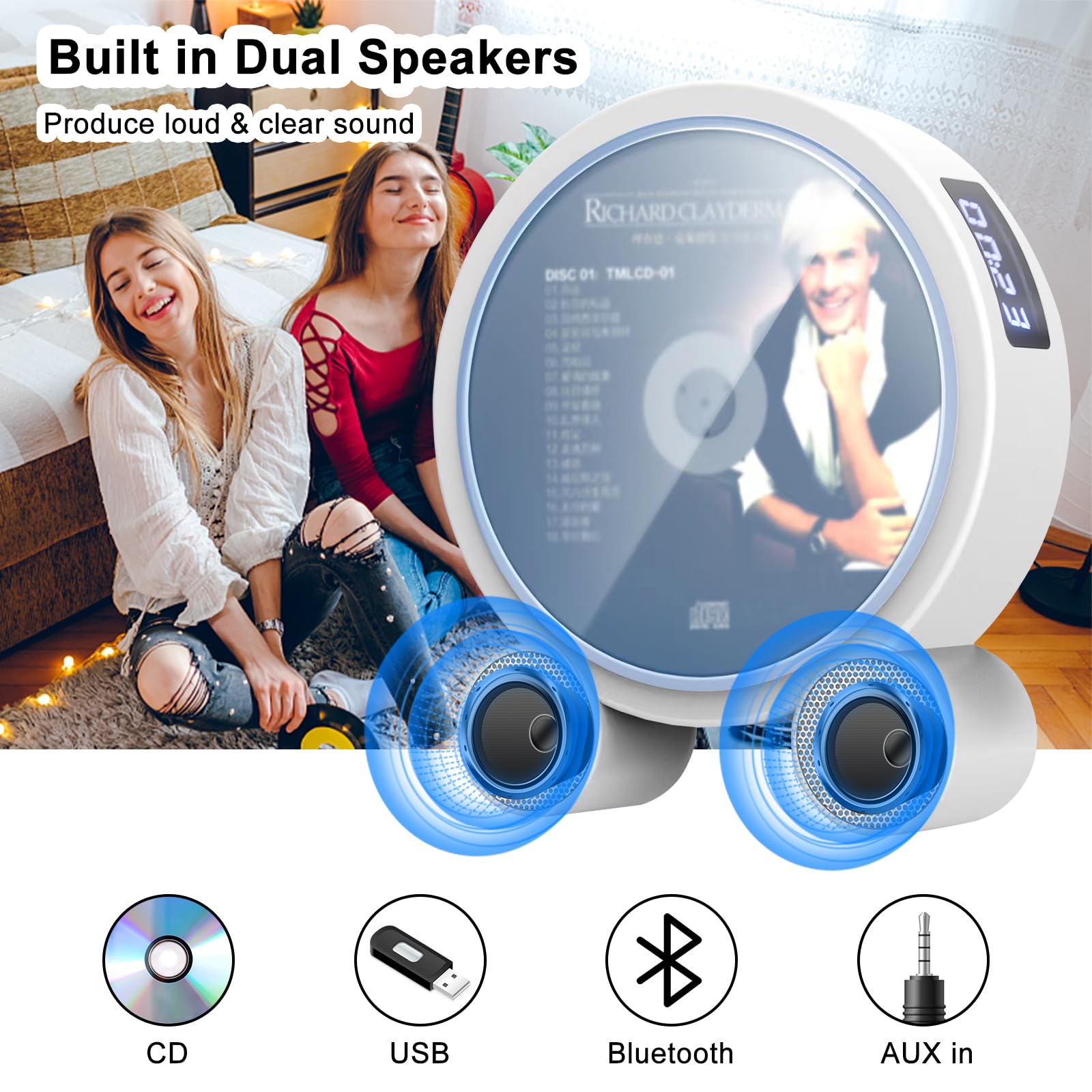 WOKALON Desktop Vertical CD Player Portable with Bluetooth for Home with LCD Screen Display Built in HiFi Speakers Support Timed Music ON/Off FM USB SD