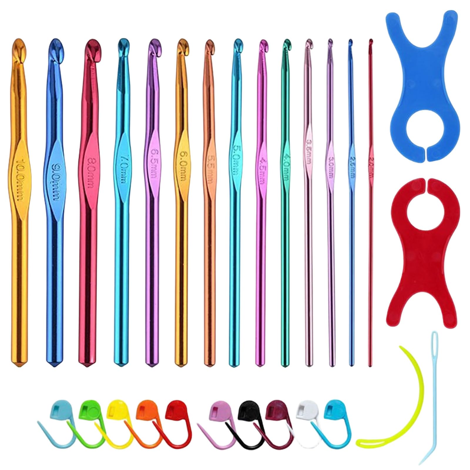 Crochet Hooks Set, Aluminium Crochet Needles 14 Sizes Ergonomic Handle Crochet Kits for Beginners Adults, with Stitch Markers, Needles and Bobbin Winder (Multi-Colored B)