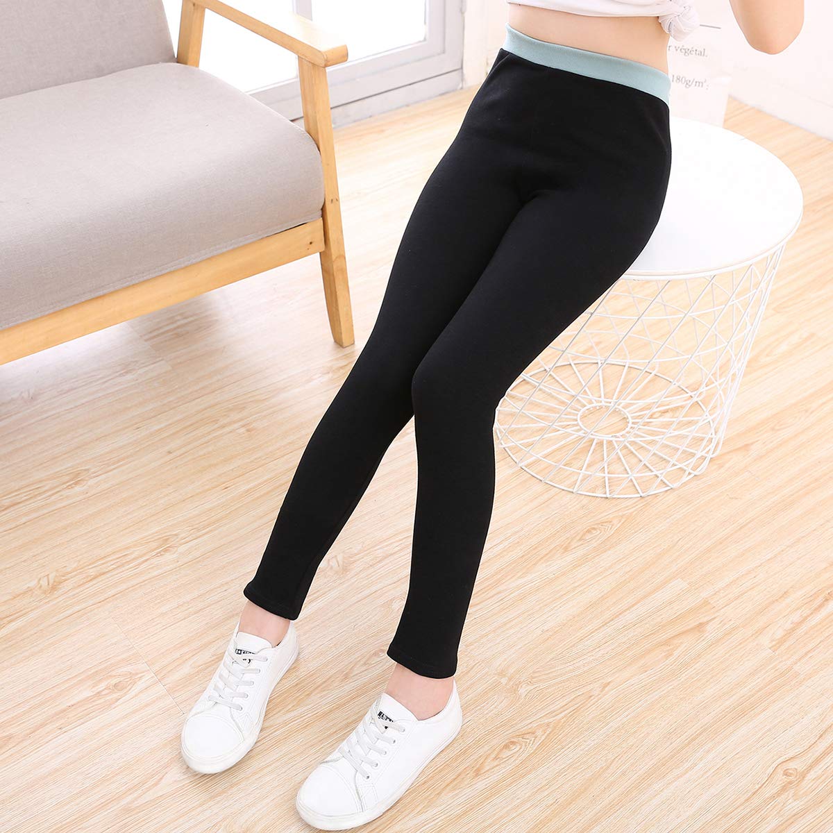 slaixiu Cotton Ankle Length Girls Leggings Stretchy Kids Pants 3-12y(GP04_Black&Green_110)